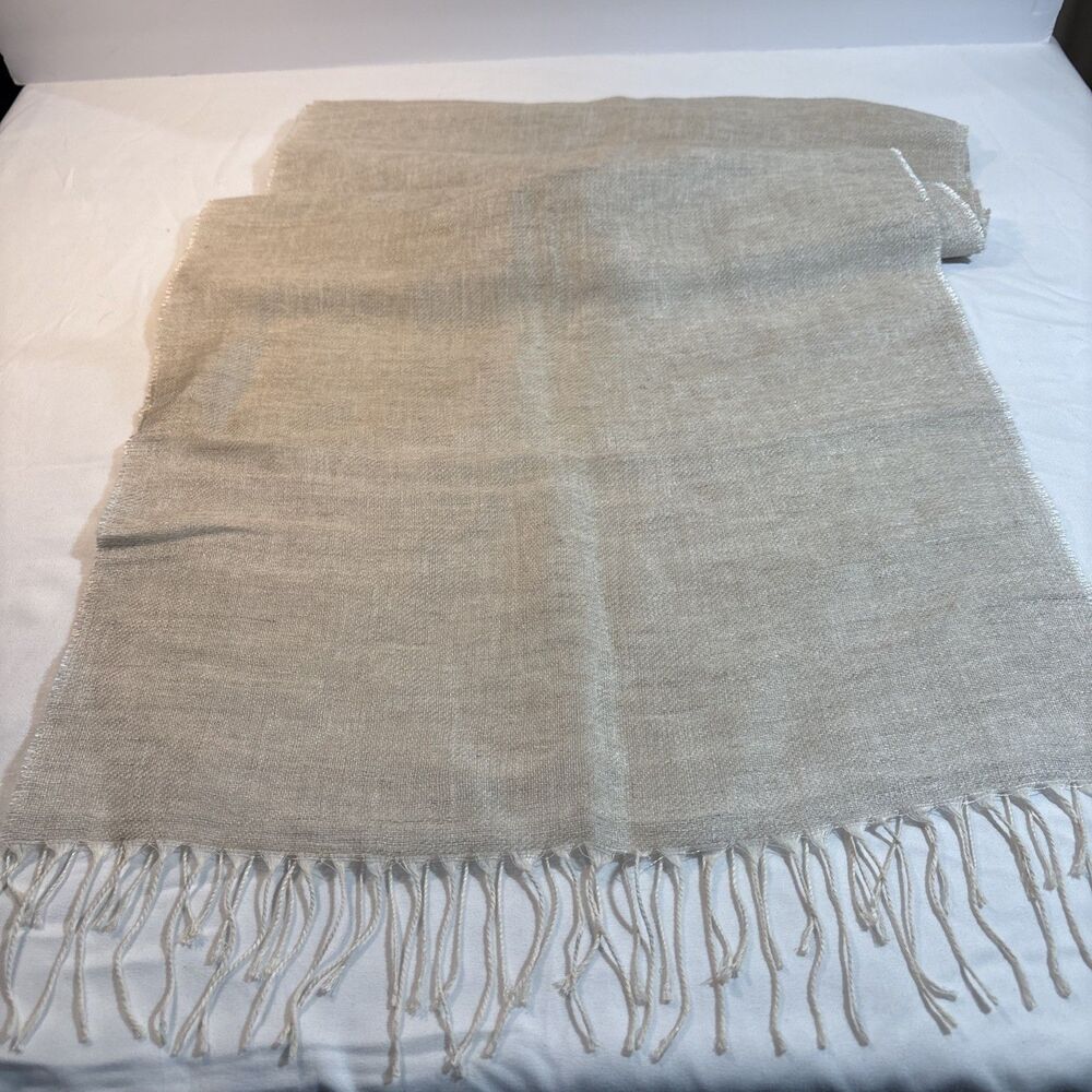 J.Jill Womens Metallic Linen Blend Scarf Wrap Fringe Made Italy Silver Beige